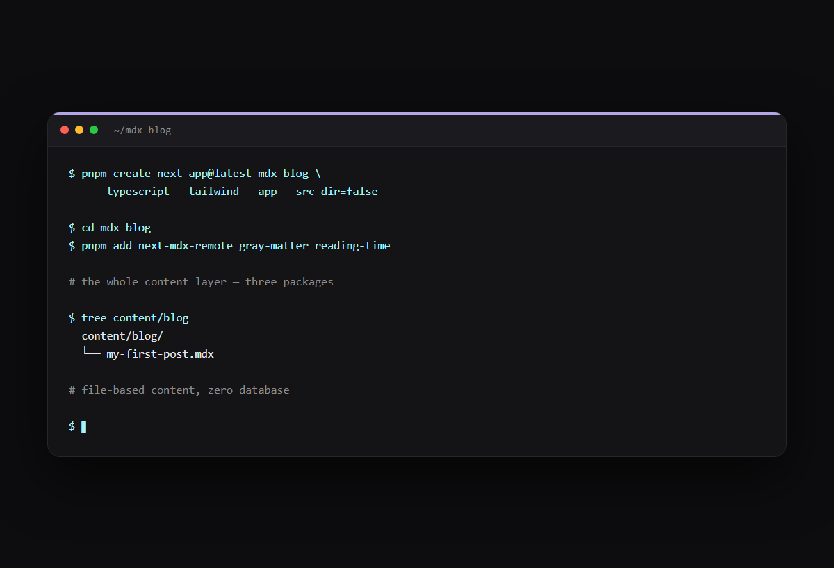 Terminal session installing next-mdx-remote, gray-matter and reading-time, and the content/blog file tree